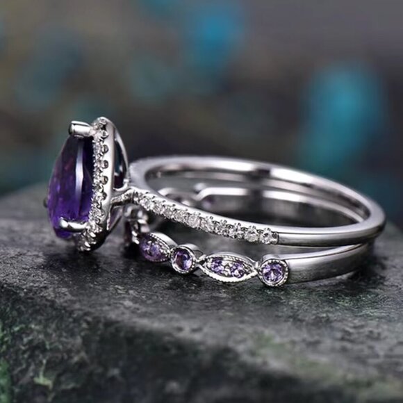 NEW 14k White Gold Amethyst Diamond Ring Pear Cut Ring Set of 2 - Picture 4 of 5